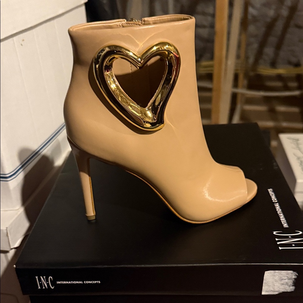 INC International Concepts Women's Cream Peep-Toe Boots with Gold Heart